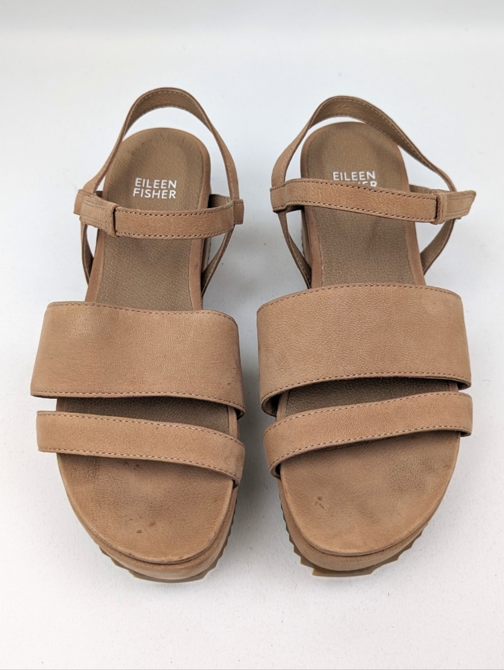 Eileen Fisher Ego Suede Platform Sandal Chunky Strappy Open Toe Wedge Tan 7.5